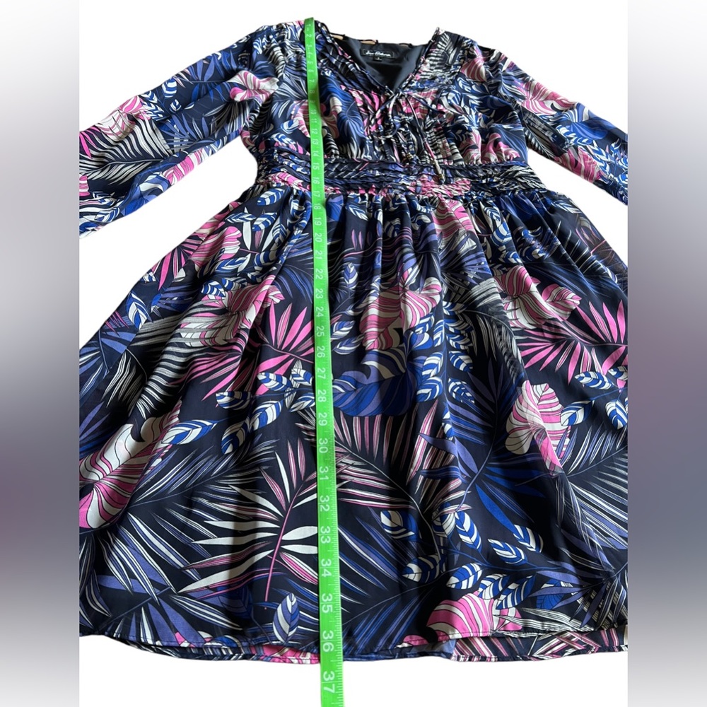 SAM EDELMAN Size 8 Tropical Flowy Lined Mini Dress Resort Wear Long Sheer Sleeve - Picture 9 of 13